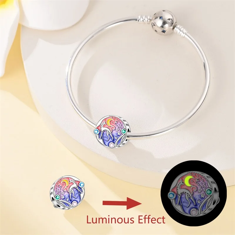Original 925er Sterlingsilber-Charm-Perlen, leuchtende leuchtende Laterne, Engel, magische Katze, Dschungel-Anhänger, Perle für Armband, Charm-Schmuck – Detail 7