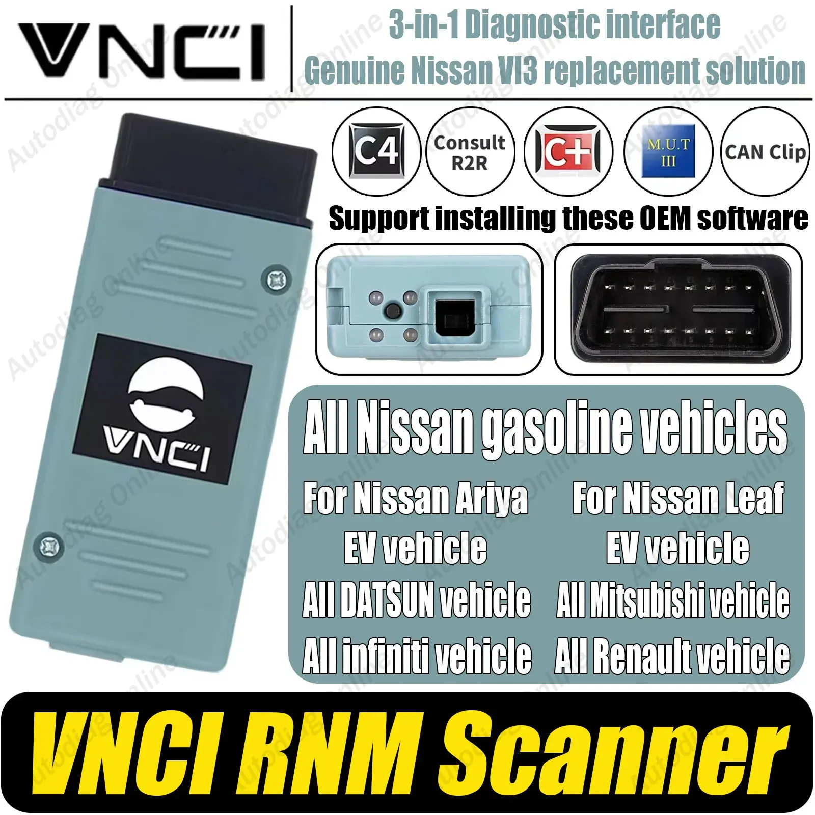 Scanner Diagnostico Auto VNCI RNM per Infiniti/Nissan/Renault/Mitsubishi/DATSUN, Supporto Diagnostico DoIP/CAN-FD, Strumento Scanner OBD2