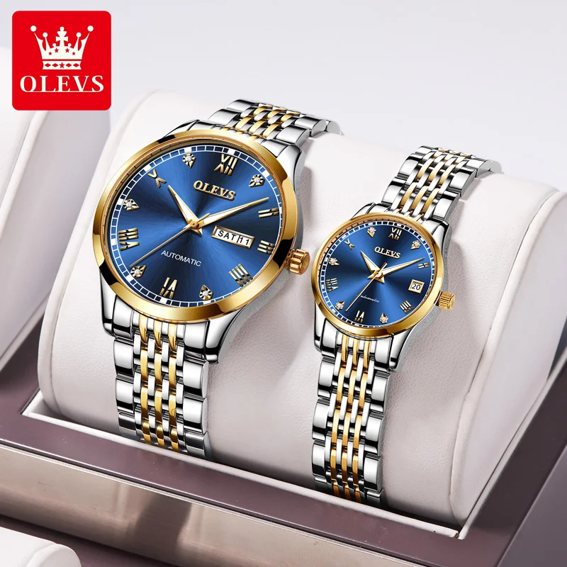 OLEVS 6602 Automatic Mechanical Watch for Couple Original Business Waterproof Stainless steel Wristwatch His and Hers Watch Sets