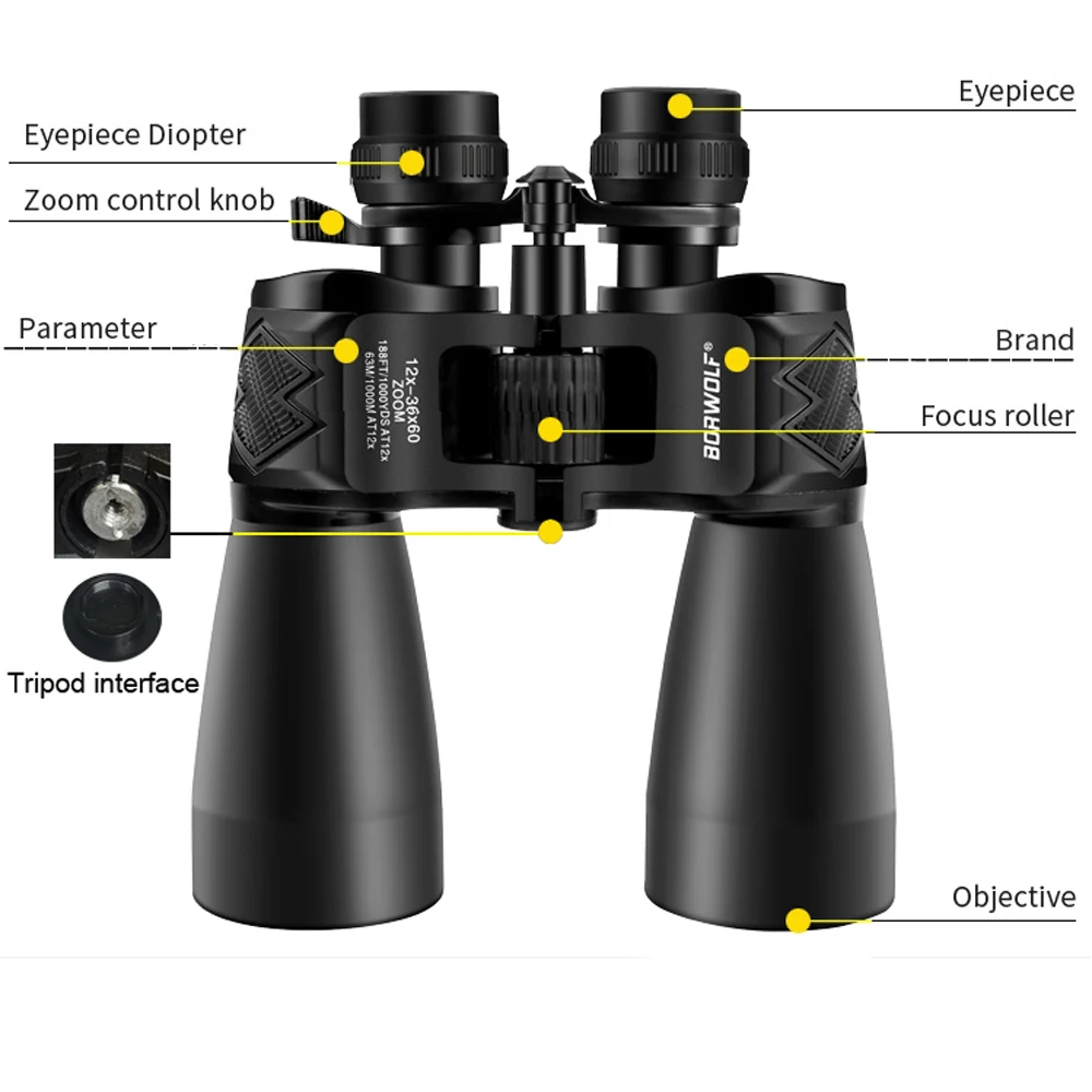 Borwolf 12-36X60 Binoculars BAK4 Prism FMC Optical Lens High Power Hunting Birdwatching Light night vision telescope 4