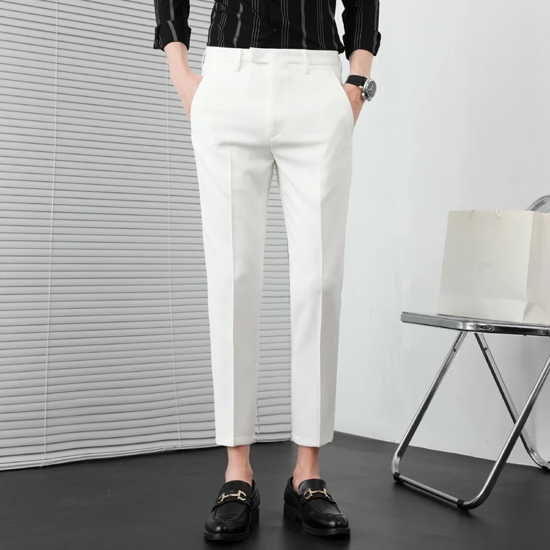 Summer Solid Color Business Casual Pants Men Slim Fit Social Suit Pant Formal Office Ankle Length Trousers Streetwears 36-29 stretch pants business pants suit pants men pants