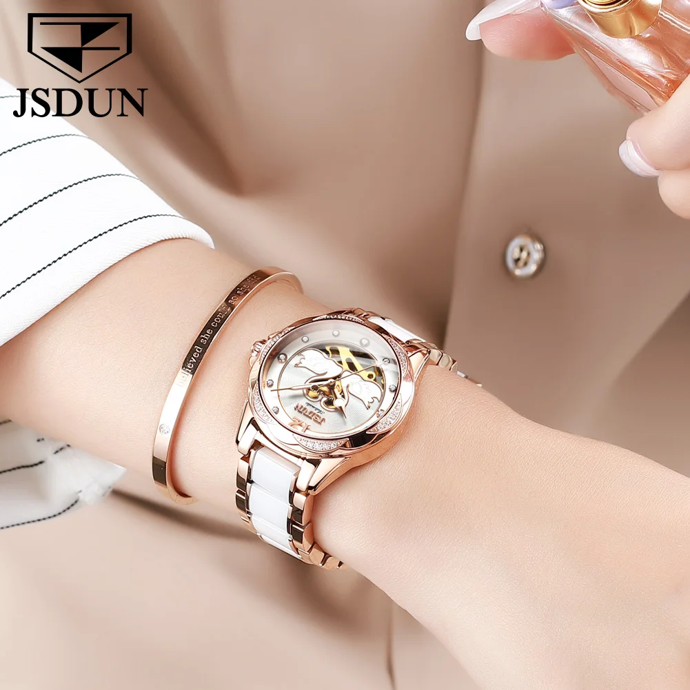 JSDUN 8831 Women's Watch Top Brand Luxury Automatic Mechanical Watch For Women Hollow 30M Waterproof Ladies Dress Wristwatch