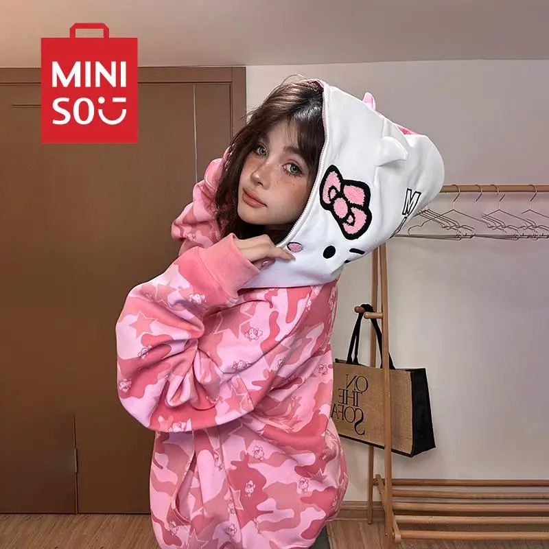 헬로 키티 Y2K 재킷 지퍼 가디건, 카와이 산리오 미니소, 귀여운 애니메이션 위장 패션, 용수철 롱 재킷, 소녀 선물