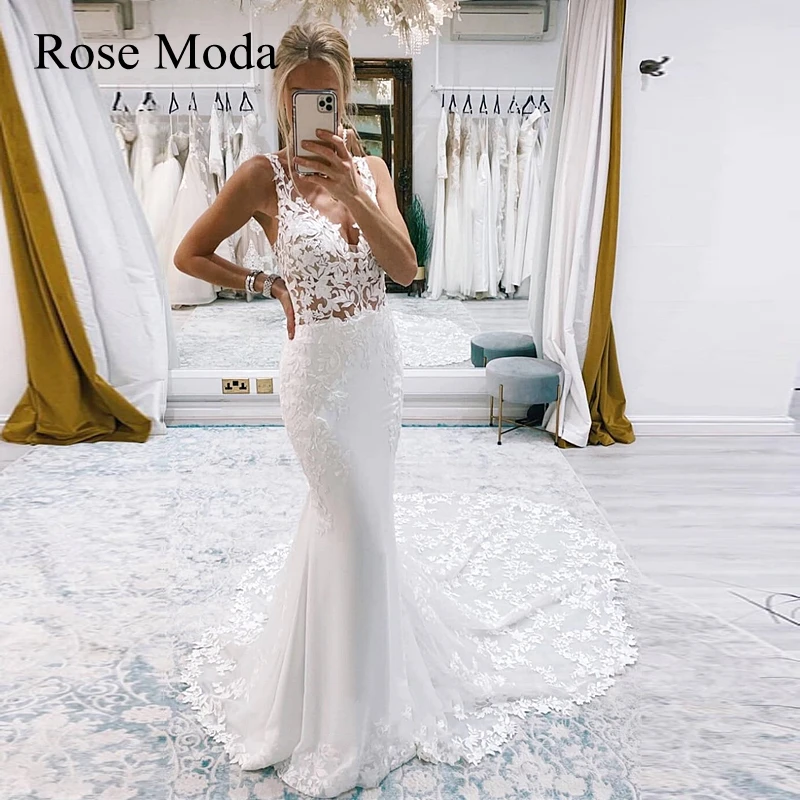 

Rose Moda Deep V Neck Mermaid Beach Wedding Dresses with Lace Cut Train Destination Bridal Gown Custom Make