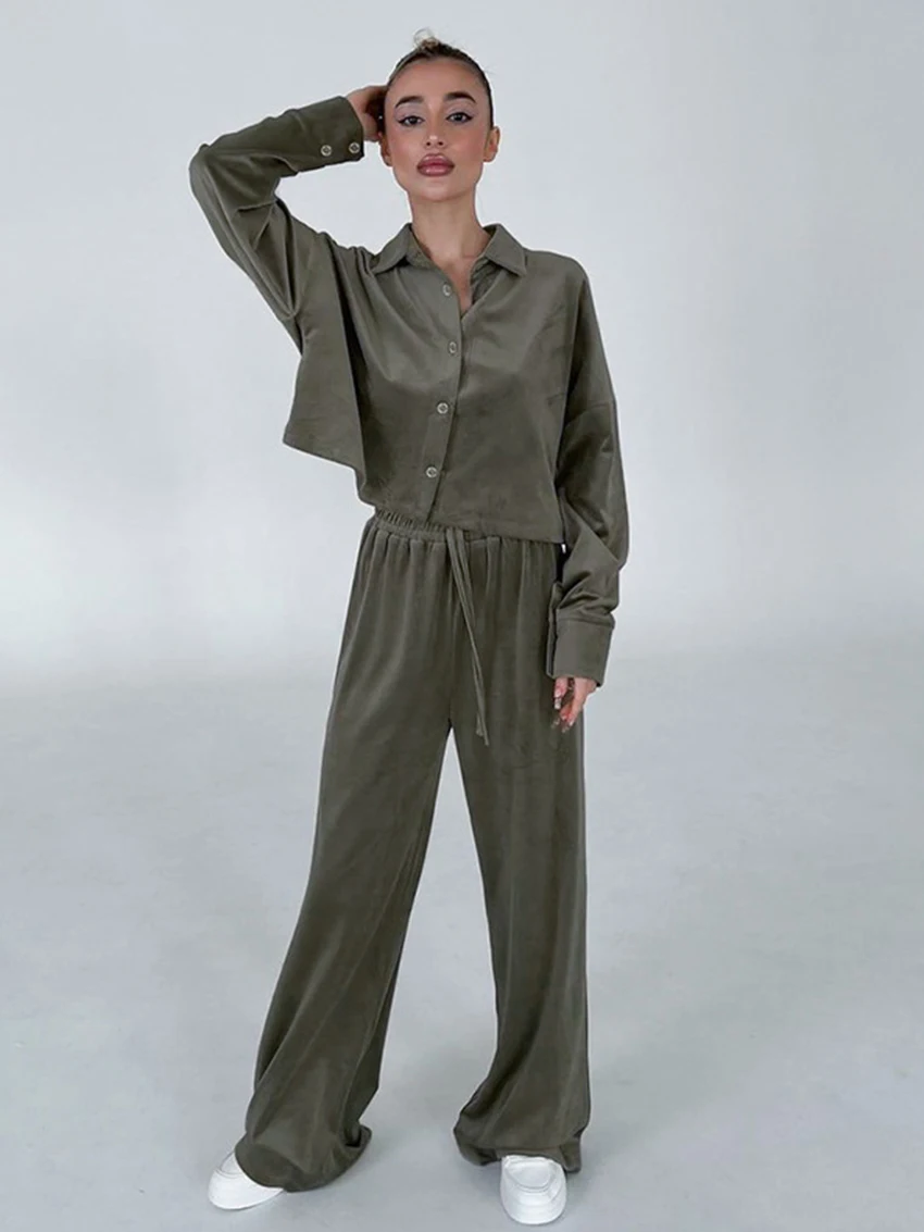 Marthaqiqi Casual Women Sleepwear Set Long Sleeve Nightie Crop Top Nightwear Turn-Down Collar Pajamas Pants Ladies Home Clothes