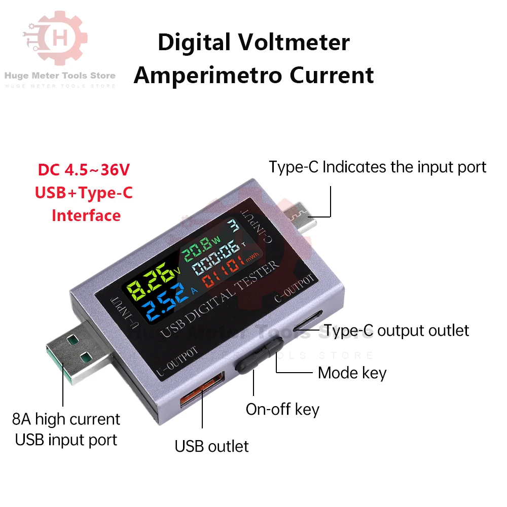 Multi-function USB & Type-C Digital Display Voltage & Power Tester