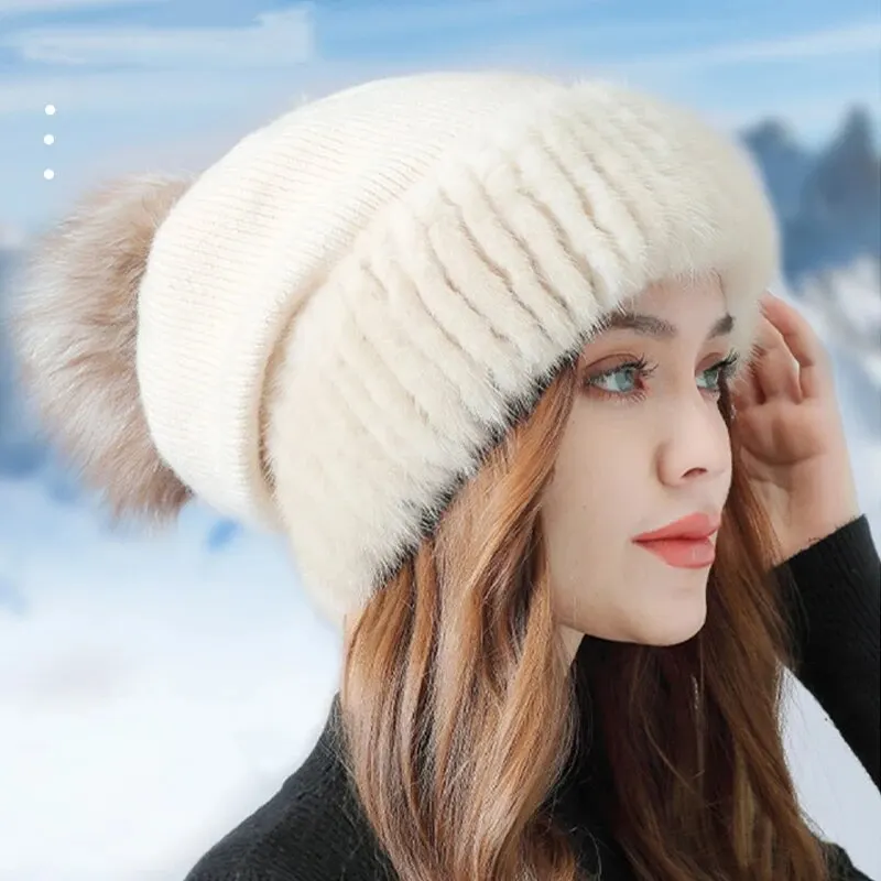 Kış Polar Sıcak Bere Kadın Moda Vizon Tüyü Soğuk Kalın Kayak Şapkası_voghion.com