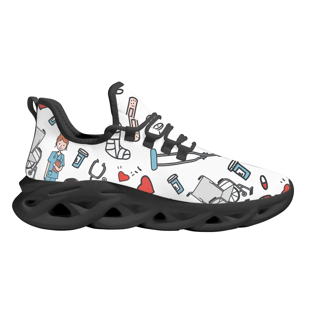 Cartoon Sketch Medical Nurse Print Flat Shoes Ladies Casual Lace Up Hospital Nursing Shoes Custom Personalized Pattern Sneakers