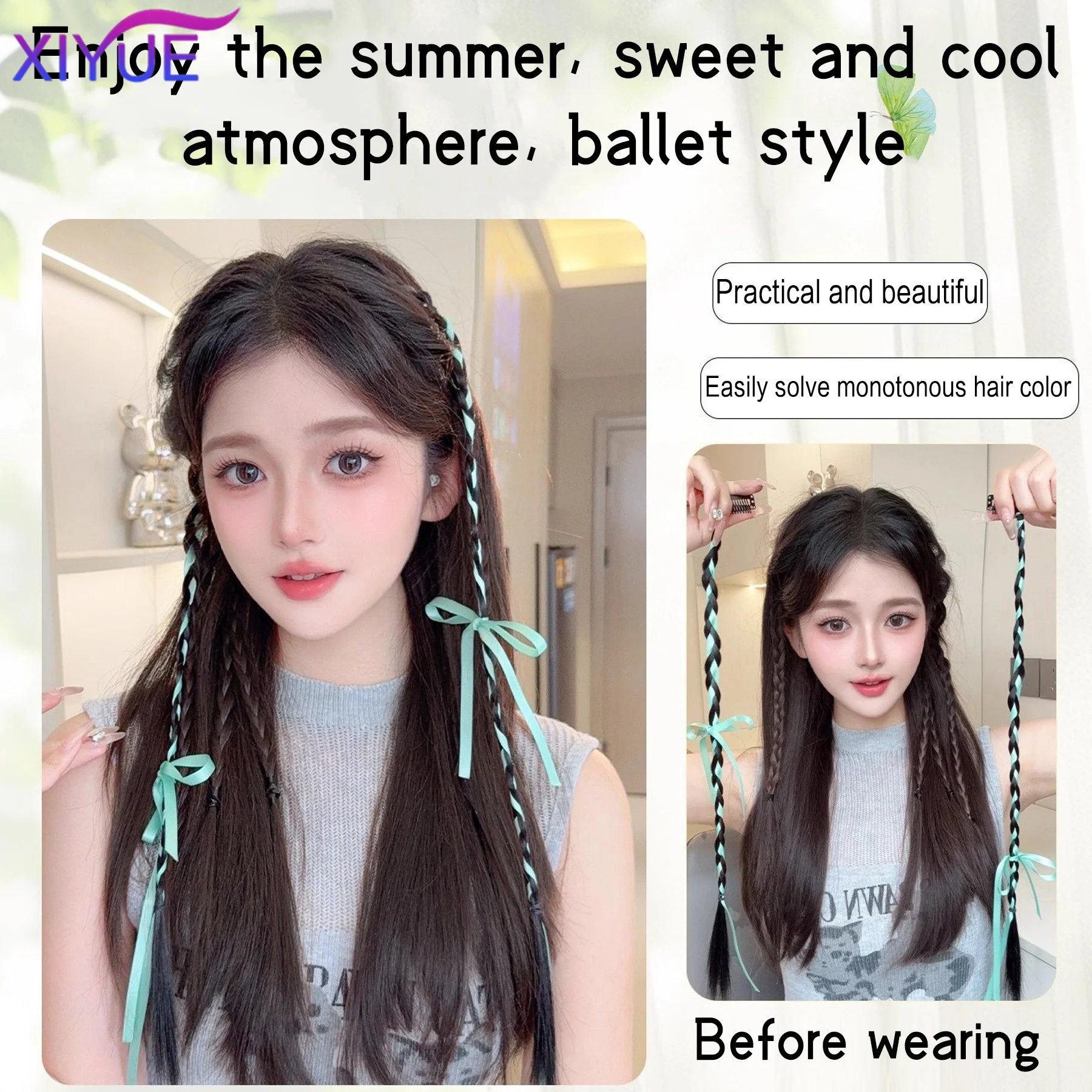 XIYUE 22 Inch Synthetic Ballet Style Ribbon Wig Women Sweet Simple Hair Braided Dreadlocks Hair Accessories Dating Headwear