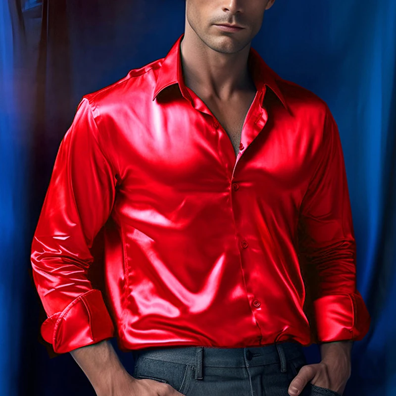 Luxury Bright Surface Shirts Men Long Sleeve Slim Asual Shirt Business Social Men Clothing Nightclub Party Tuxedo Blouse