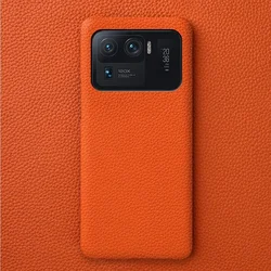 Premium Genuine Leather Business Phone Case with Lychee Texture - Shockproof Protective Cover for Xiaomi 11T Pro (Orange)