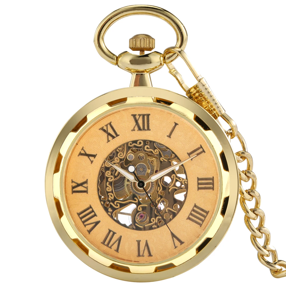 

Roman Numerals Open Face Design Mechanical Pocket Watch Mens Retro Chain Clock Mechanical Hand Winding Antique Timepiece Male