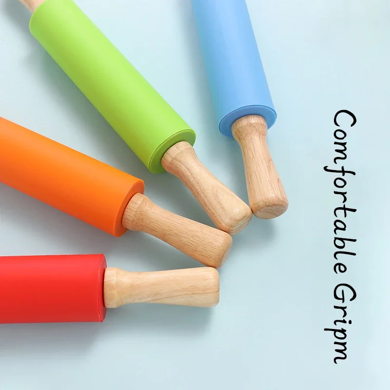 Rolling Pin Non-Stick Silicone Wooden Handle Pastry Dough Flour Roller Kitchen Cooking Baking Tool For Pasta Cookie Dough