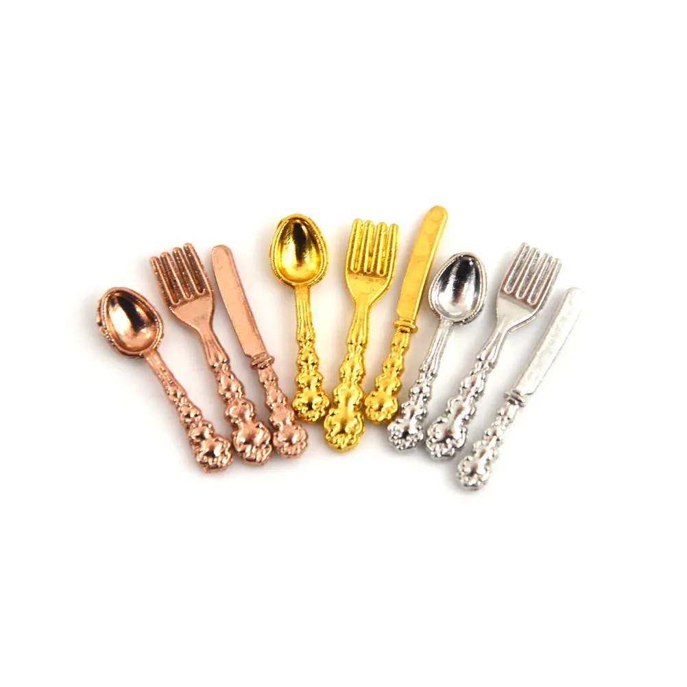 Dollhouse Furniture Set Doll House Toys Pretend Kitchen Toys Kitchen Toys 12Pcs 1:12 Mini Vintage Dollhouse Miniatures Tableware Cutlery Metal Knife Fork Spoon Kitchen Food Furniture Toys Gold Silver