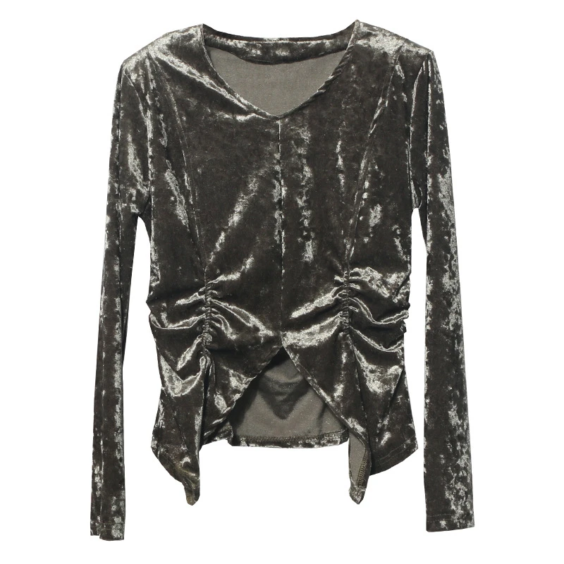 

Korean V-neck velvet top autumn pleated shoulder pad T-shirt
