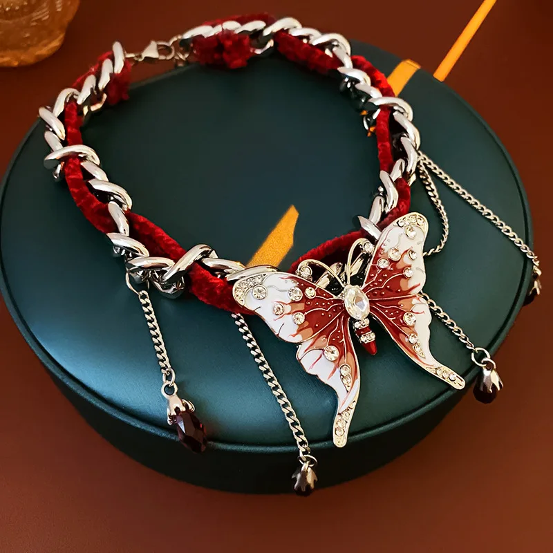 Y2K Rhinestone Butterfly Pendant Necklace Women Sweet Spicy Cool Egirl Punk Sexy Butterfly Choker Fashion Jewelry Accessory Gift