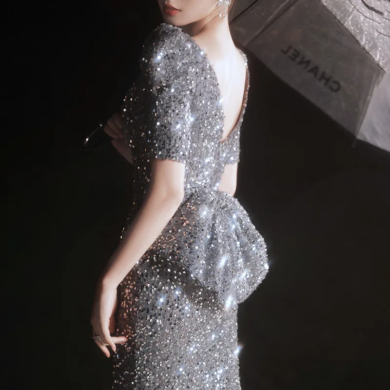 

Harajpoo European Evening Dress 2024 New Dignified Elegant Celebrity Banquet Fishtail Short Sleeved Sequin Deep V-neck Vestidos