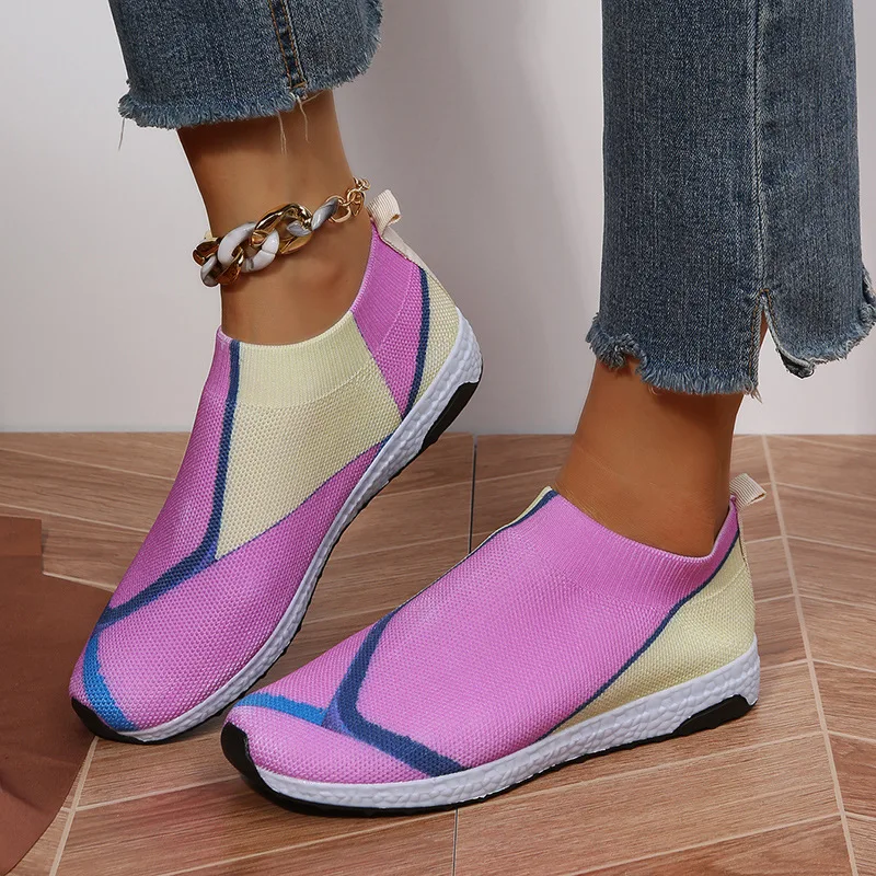 2024 Women's Mesh Sneakers Ladies' Vulcanize Casual Shoes Flat Soft-sole Mixed-colors Breathable Slip-on Plus Size Spring/Autumn