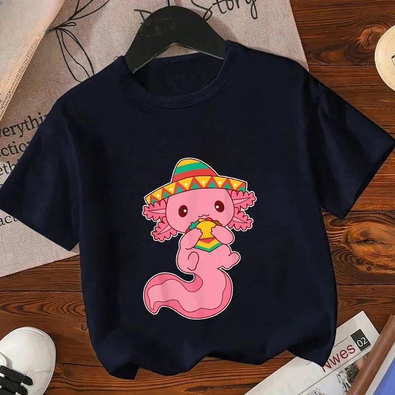 Axolotl Kawaii T Shirt Kid Summer Fashion T Shirt Children Streetwear Boba Axolotl Anime Casual Child Clothing Bithday Tshirts