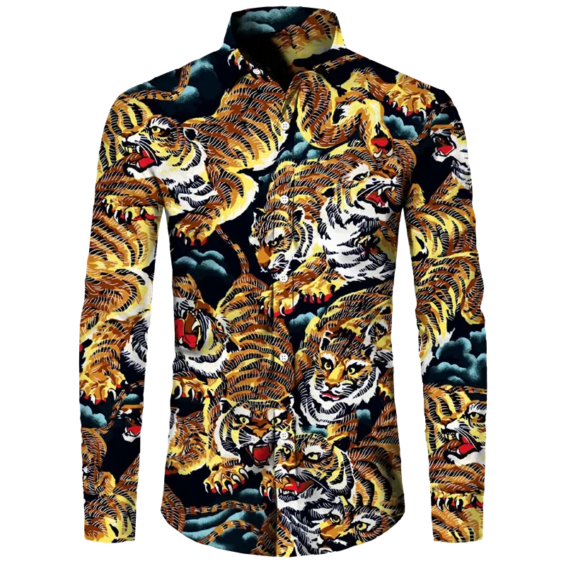 Camisa con botones y cuello vuelto para hombre con estampado 3D de tigre, estilo chino, vintage, de manga larga, para fiesta hawaiana, ropa de calle