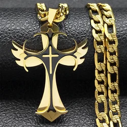 Gold Stainless Steel Christian Cross Pendant Necklace for Men - Hip Hop Style Jewelry Gift (A 55cm NK 3B1hua GD)
