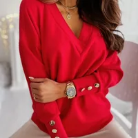 Spring Autumn Women Pure Soft Long Sleeve Sweater V-neck Fashion Jumper Office Lady Button Loose Casual Pullover Top Sweaters - Image 3