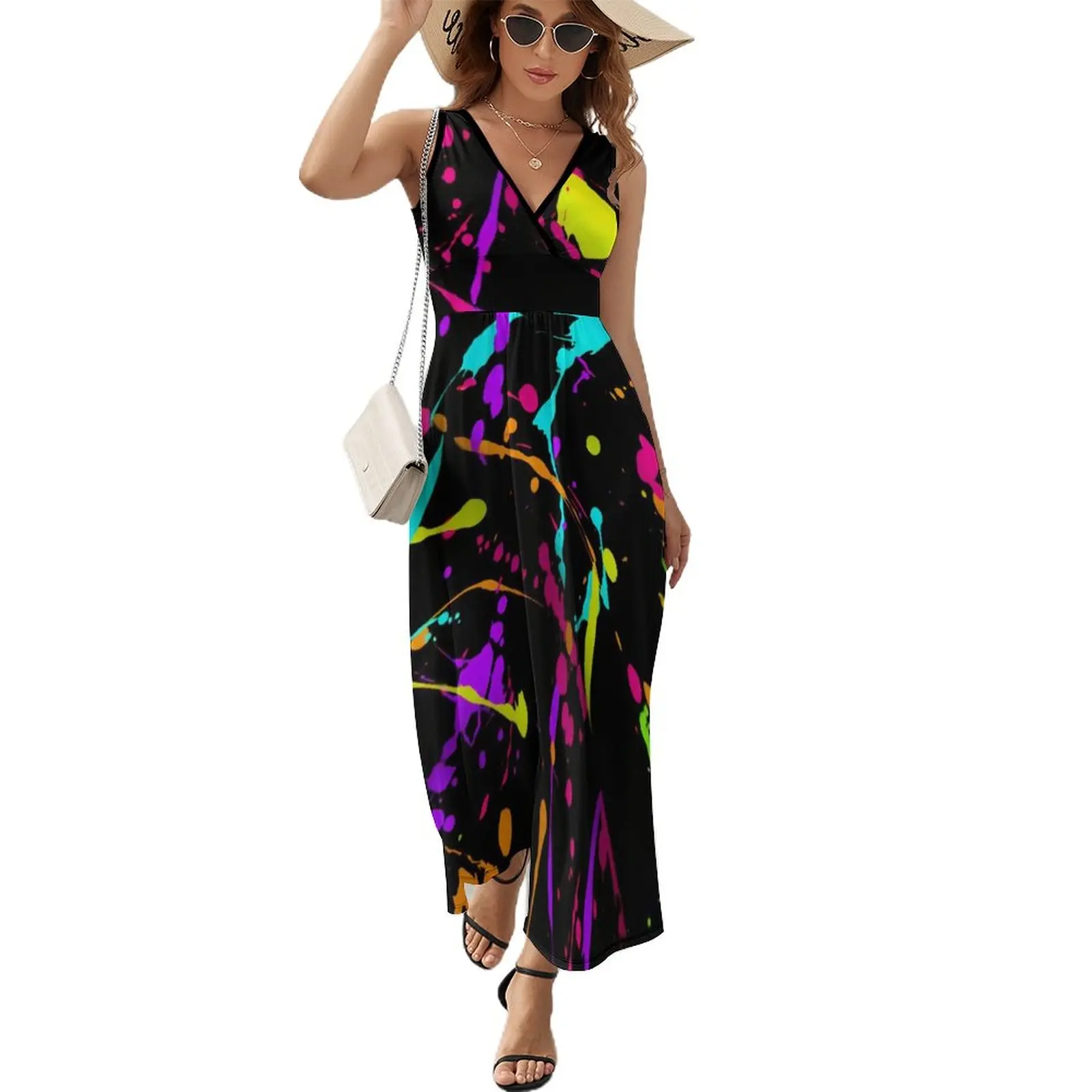 

Glow in Dark Splatter Neon Dress LadiesVintage Maxi Dress V Neck High Waist Casual Custom Bohemia Long Dresses