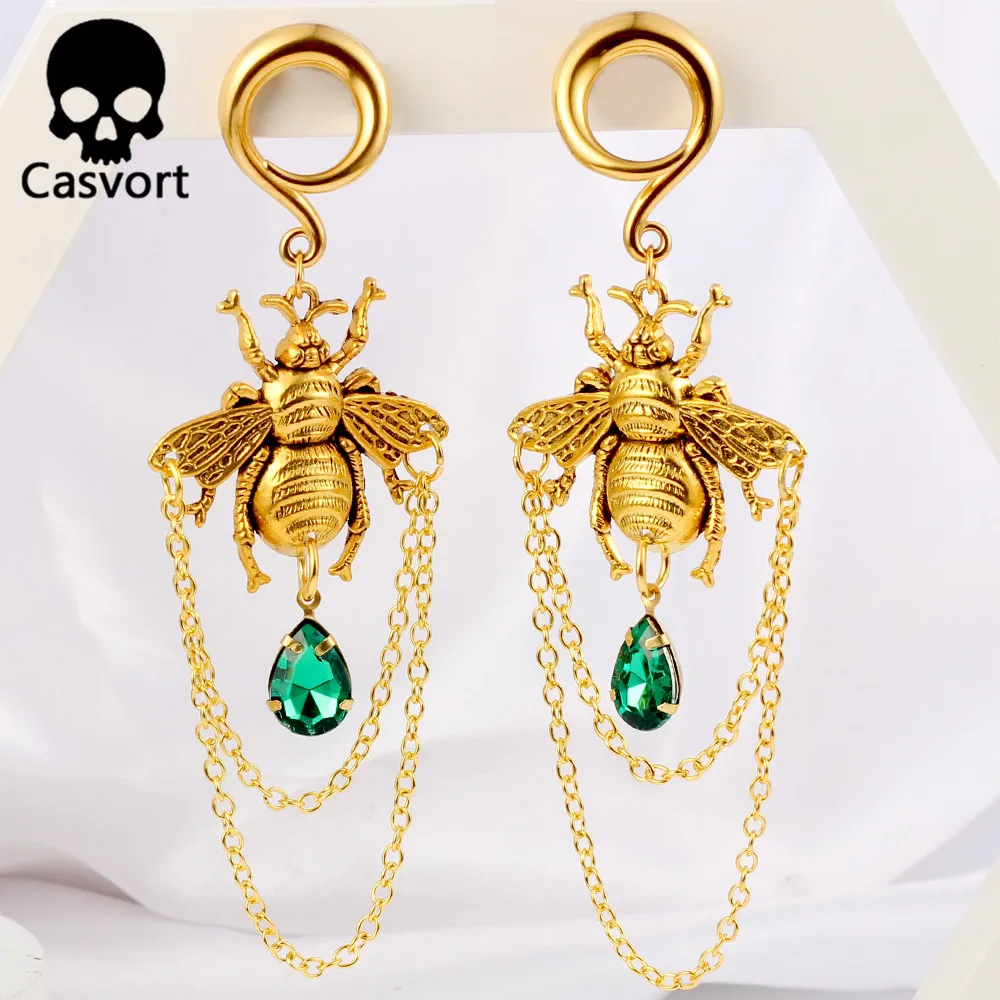Casvort 2PCS Vintage Goldene Biene Ohr Gewicht Kleiderbügel Ohrringe Haken Baumeln Bahre Frauen Piercing Körper Schmuck Expander – Detail 9