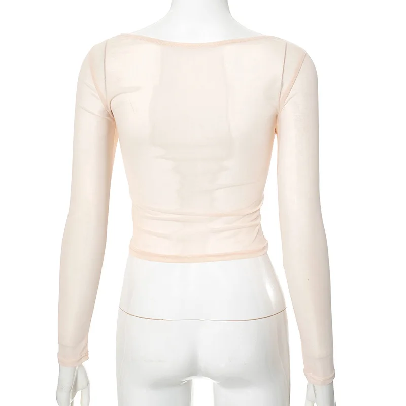 Summer See-Through Mesh T-shirt Top Women Pleated Patchwork See-Through Slim Cropped Top Tee Female Solid T-shirt Pullover