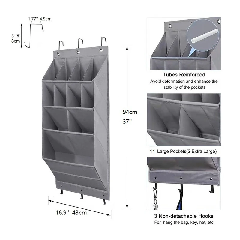 Muuropbergtas met meerdere zakken, grote schoenenorganizer boven de deur, achter deuren met 4 metalen haken, schoenenrek, opbergzakken  15