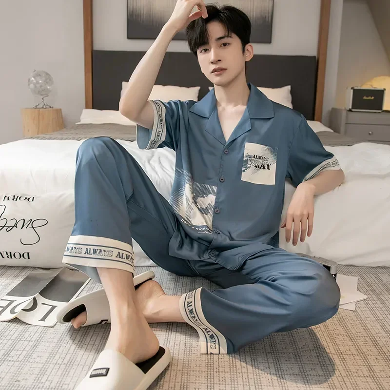 

Long Sleepwear Trousers Pajama Size Sleeve Suit Piece Large Man for Men Button Loungewear Pyjama Autumn Luxury Silk 2