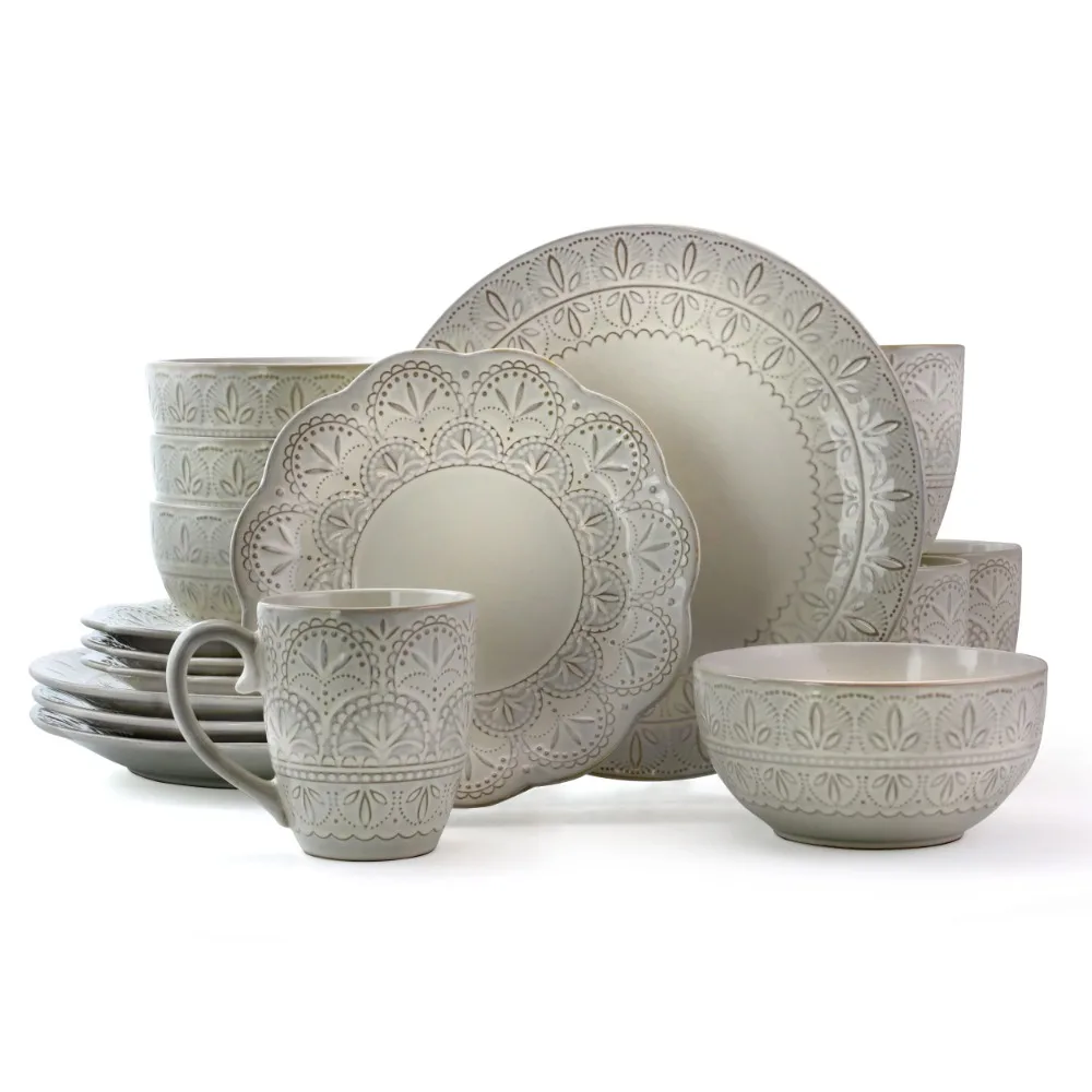 

White Lace 16 Piece Round Scallop Stoneware Dinnerware Set in White Durable Construction Microwave and Dishwasher Safe