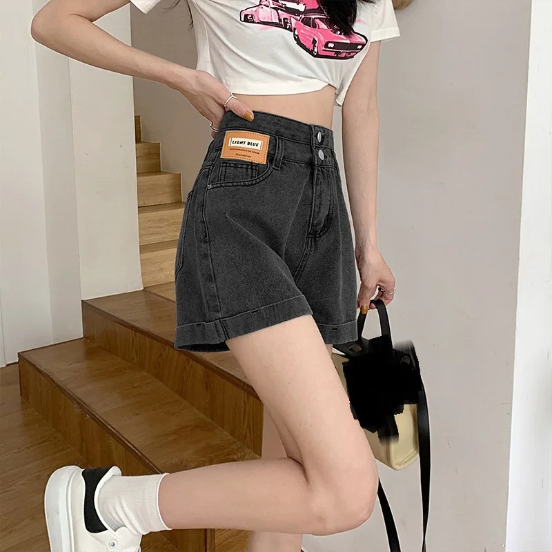 2023 New Spring/Summer Personalized High Waist Curled Denim Shorts Women's Loose and Slim Wide Leg A-line Hot Pants