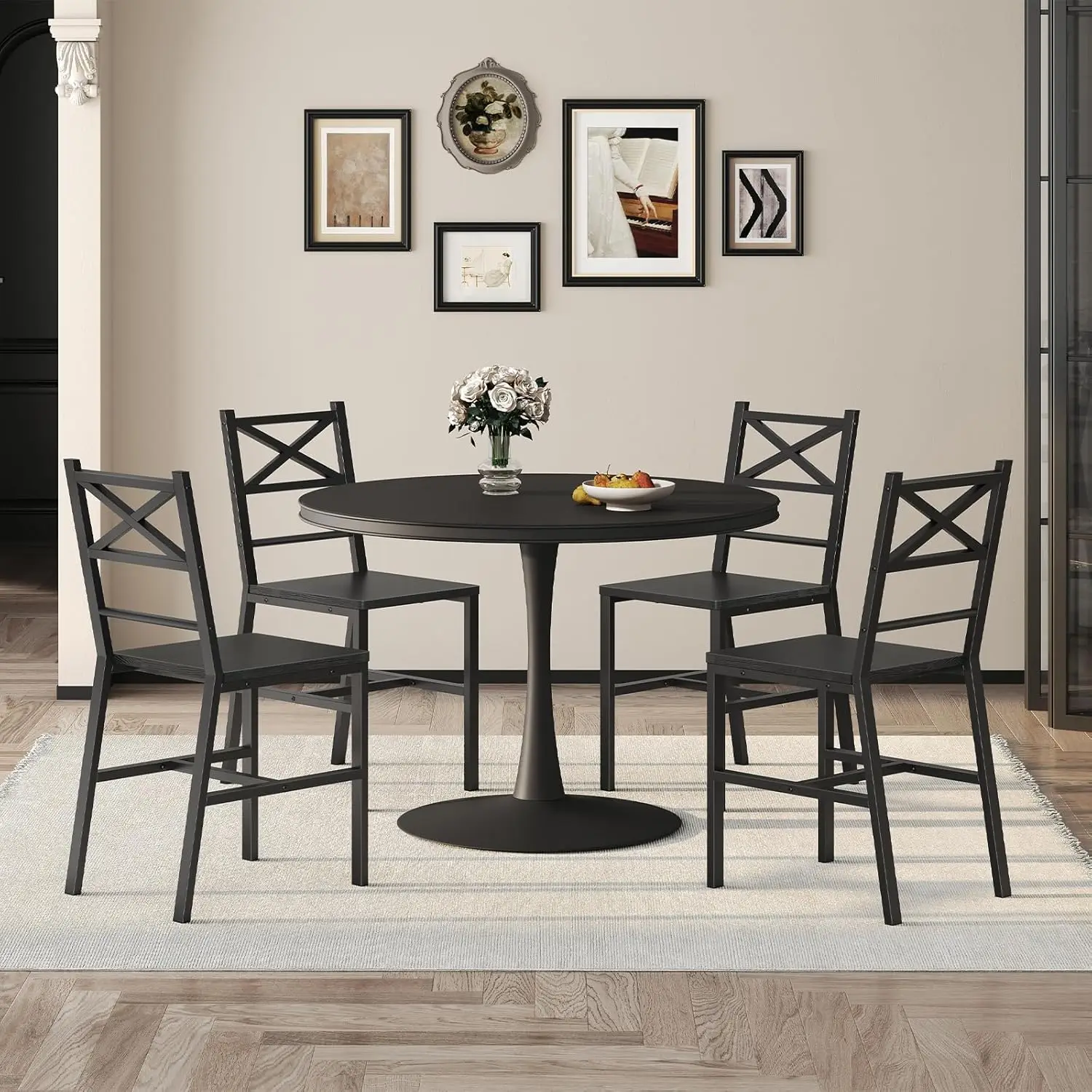 Dining Chair Set of 2. Rustic Wooden. Farmhouse Style. Metal Frame. Easy Assembly. Black. TBHB1001.