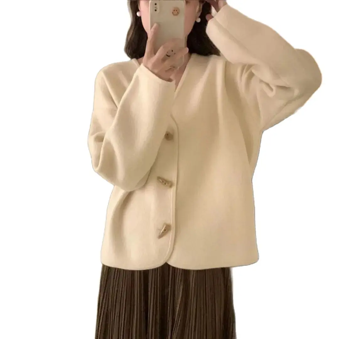 

Куртка женская Корейская с V-образным вырезом, утепленный Свободный кардиган на пуговицах, повседневный контрастный свитер на весну