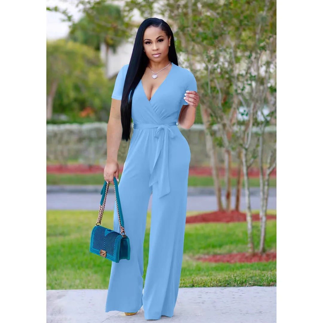 Solid Short Sleeves V Neck Poly Cotton Women's Drop Shoulder Front Tie  Jumpsuit