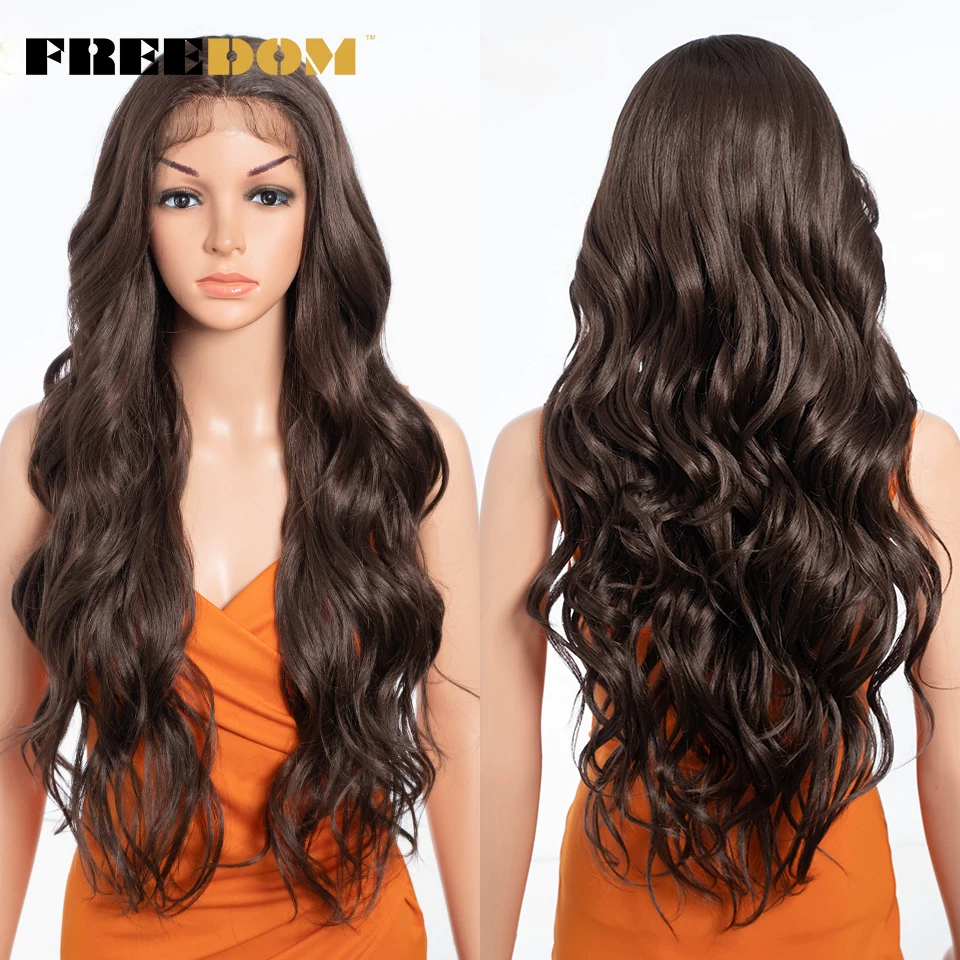 

FREEDOM Body Wave Synthetic Lace Front Wig With Baby Hair Lace Wigs For Women 28 Inch Ombre Brown Lace Wig White Cosplay Wig