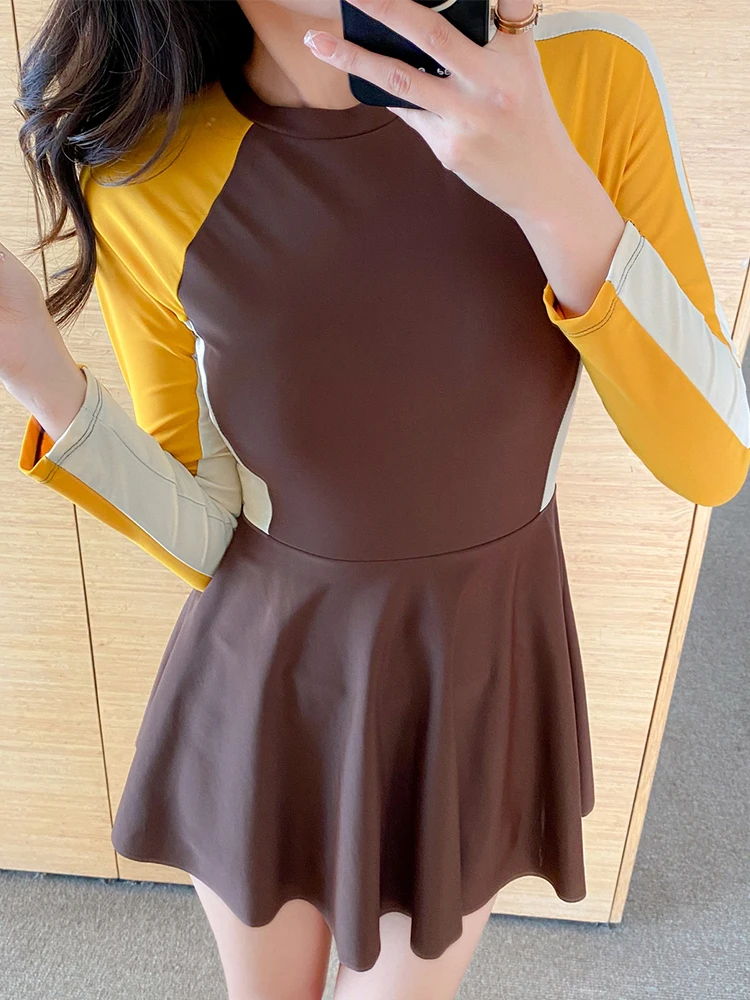 

Спортивный стиль консервативный чехол для похудения живота защитный с длинным рукавом контрастных цветов Лидер продаж Весенний купальный костюм женский купальник