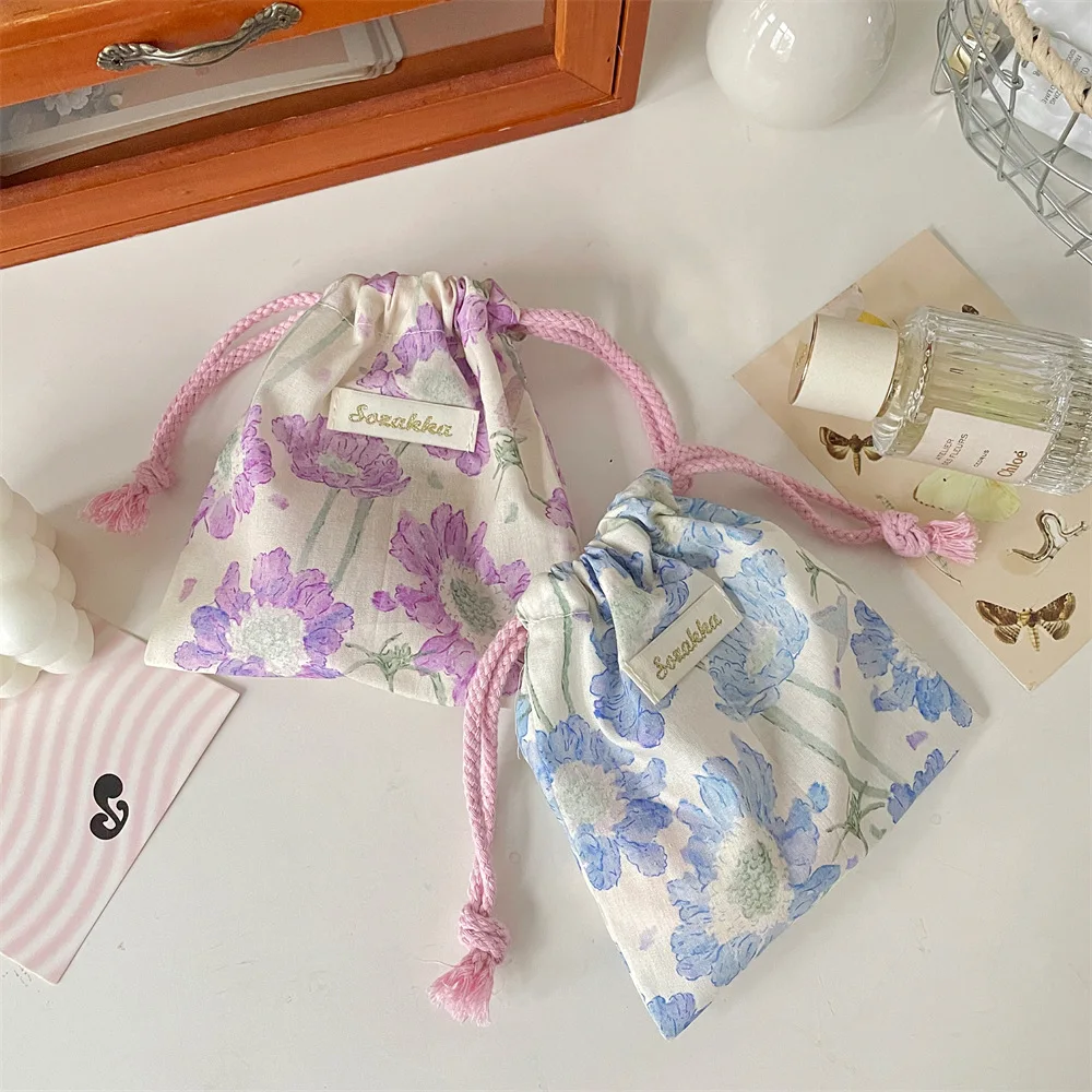 Floral Drawstring Bags Women Large Capacity Cosmetic Bag Makeup Pouch Large Capacity Coin Purse Jewelry Storage Box