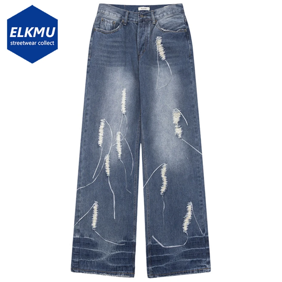 

Мужские синие мешковатые джинсы, потертые рваные широкие свободные прямые джинсовые брюки 2024, уличная одежда, джинсы в стиле хип-хоп