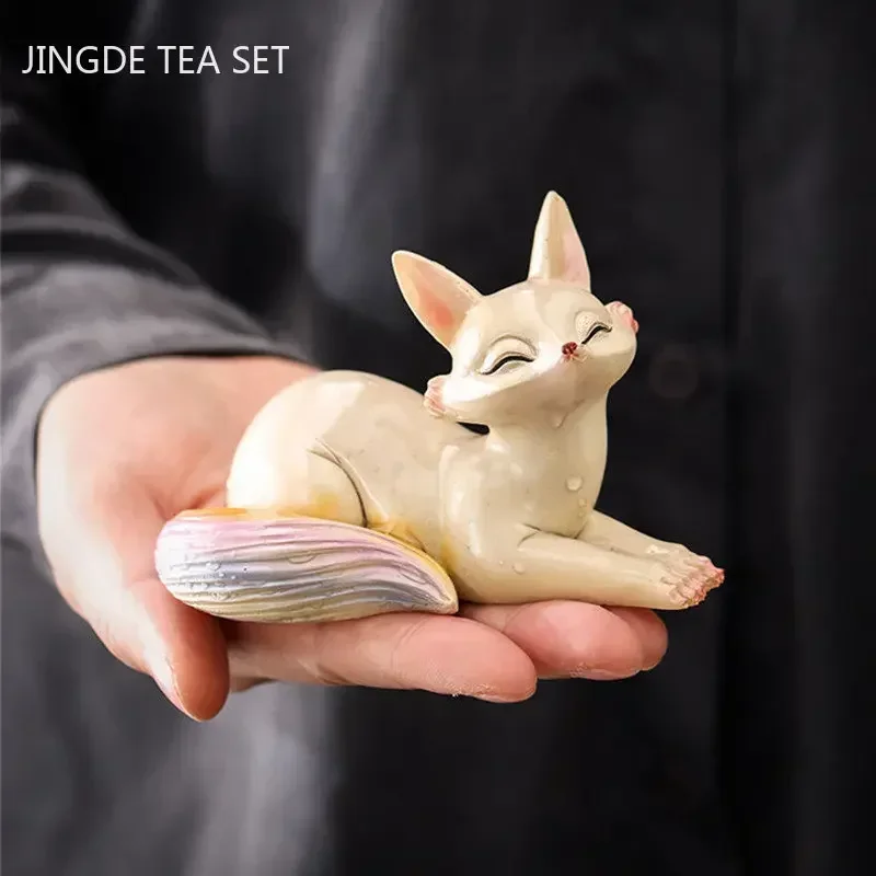 Color-changing Resin Tea Pet Ornaments Lovely Fox Swan Panda Statue Crafts Office Home Tea Table Decoration Tea Set Accessories