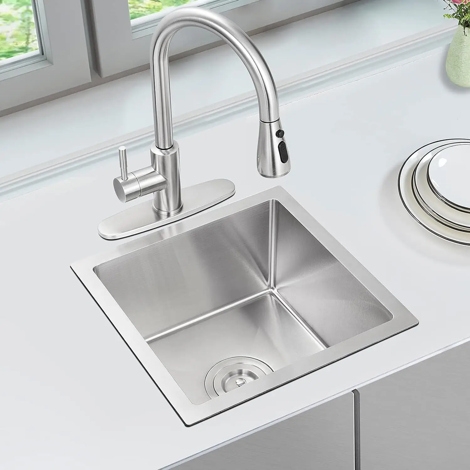 ROVATE Bar Sink ROVATE 15 x 15 inch Undermount Kitchen Sink Handmade Single Bowl T-304 Stainless Steel Small with Strainer