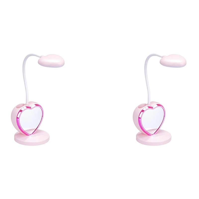 

2X LED Desk Lamp For Girls, Rechargeable LED Desk Lamp With USB Charging Port & Pen Holder, Eye-Caring Dimmable Pink