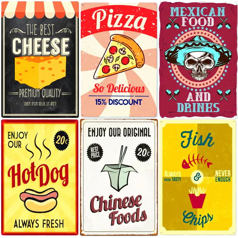 

Chinese Foods Vintage Metal Sign Home Kitchen Restaurant Wall Decor Mexican Food Tin Plate Cheese Fish Chips Retro Plaque