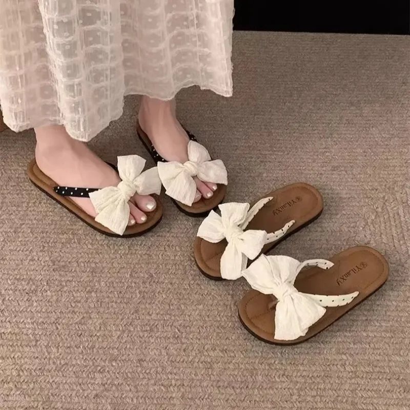 Women Slippers Fashion Cute Bow Anti Slip Sandals Wear-resistant Comfortable Soft Sole Flat Heel Beach Outdoor Slippers