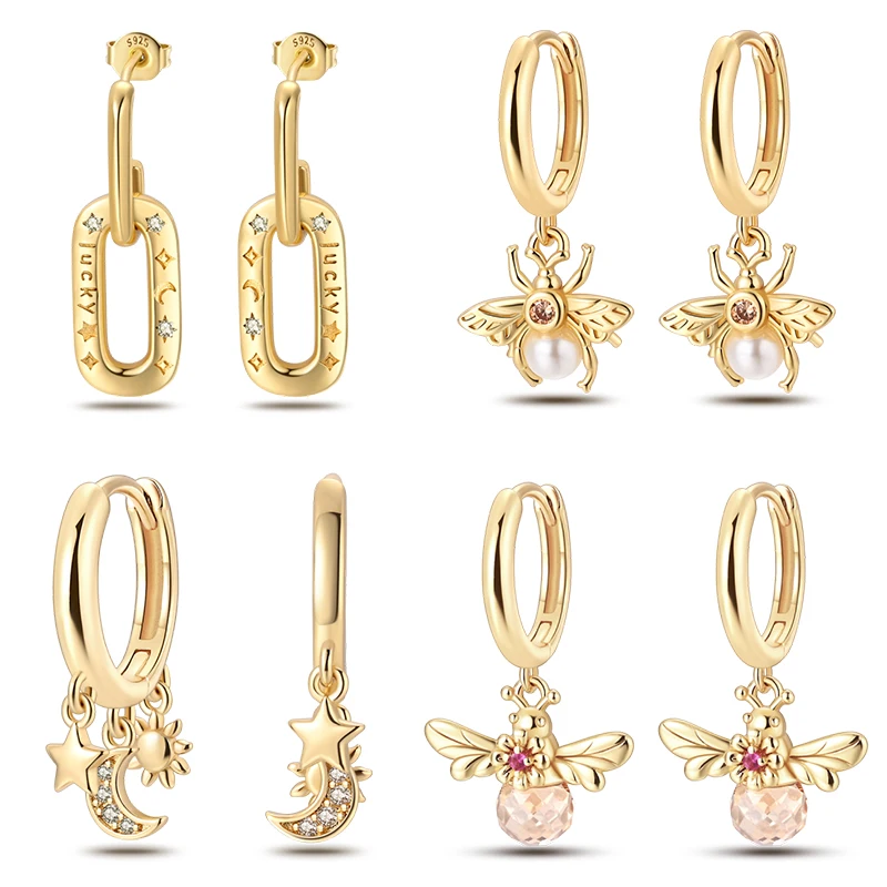 925 Silver Color Gold Pearl Bee Irregularity Star Moon Earrings For Women Trending Fashion Jewelry Birthday Gifts