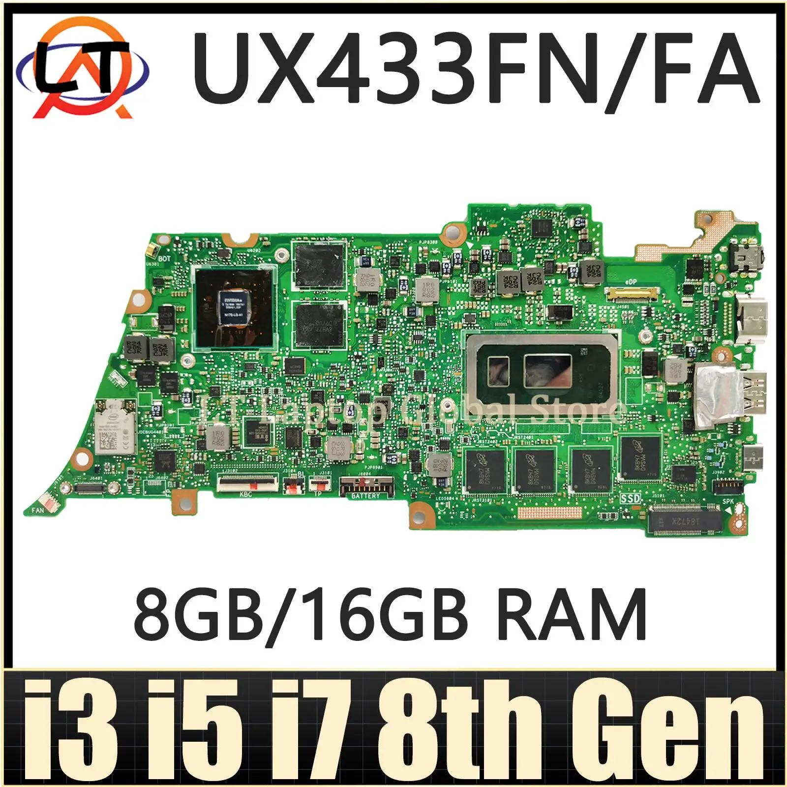 

Mainboard For ASUS ZenBook 13 UX433FN UX433FA UX433F UX433 Laptop Motherboard I3 I5 I7 8th Gen CPU 8G/16G-RAM MX150/UMA