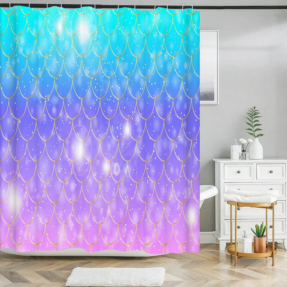 

Waterproof Shower Curtain with 12 Hooks Color Wave Fish Scale Pattern Bathroom Curtains Polyester Fabric Bath for Home Decor