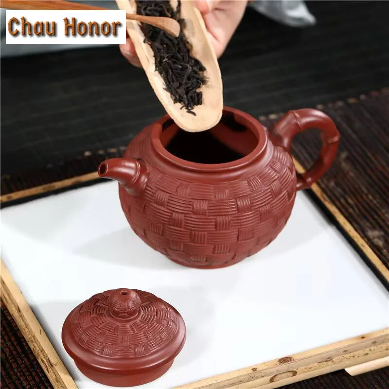 280ml Classic Yixing Zisha Raw Ore Dahongpao Bamboo Woven Teapot Handmade Household Kung Fu Teaset Tea Ceremony Accessories Gift