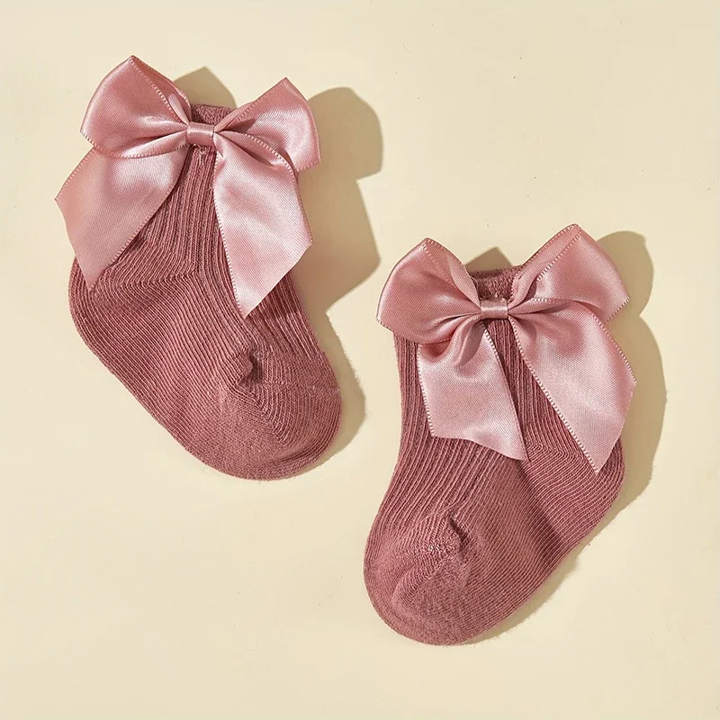 4 Pairs Baby Girl Socks Large Bow Princes Kids Middle Tube Socks Solid Color Spring Autumn Newborn Toddler Cotton Short Socks 5